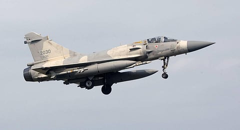 A Taiwanese air force Mirage 2000 fighter jet is seen on final approach for landing at an air force base in Hsinchu, northern Taiwan. (Photo | AFP)