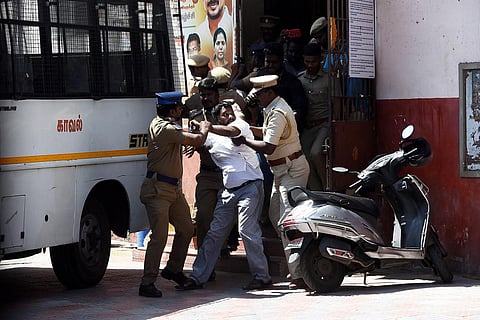Fishermen from Nochikuppam were detained for protesting against the decision to allot quarters to residents of Dooming Kuppam. (Photo | P Ravikumar, EPS)