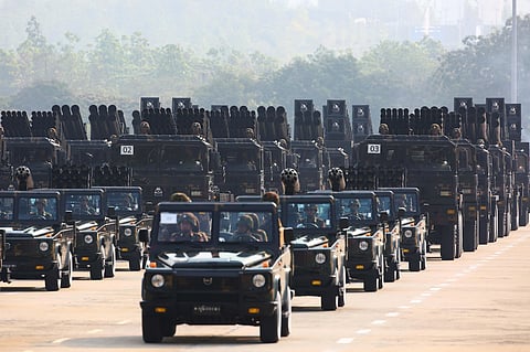 FILE - Myanmar military officers leave the venue during a parade to commemorate Myanmar's 78th Armed Forces Day in Naypyitaw. ( Photo | AP )