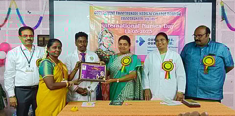 Social welfare and women empowerment minister Geetha Jeevan honouring nurses at Thoothukudi medical college hospital. | Express