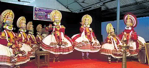 Woman artists performing at the Mahabharatha Kathakali Mahotsavom held at the Emoor Bhagavathy temple at Kallekulangara in Palakkad on Friday. A total of 42 women, trained at the Kallekulangara Kath