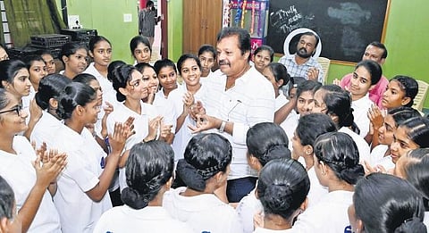 Former MP and actor Suresh Gopi interacts with children at the Government Higher Secondary School for Girls Cottonhill, Vazhuthacaud | Vincent Pulickal
