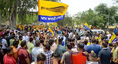 AAP workers celebrate the party candidate Sushil Kumar Rinku's lead in Jalandhar Lok sabha seat by-election, in Jalandhar, on May 13, 2023. (Photo | PTI)