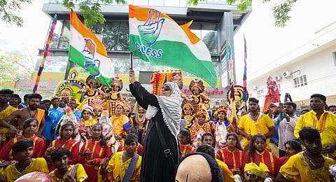 Supporters during Congress party's celebrations after the party's win in Karnataka Assembly elections, in Bengaluru.(Photo | PTI)