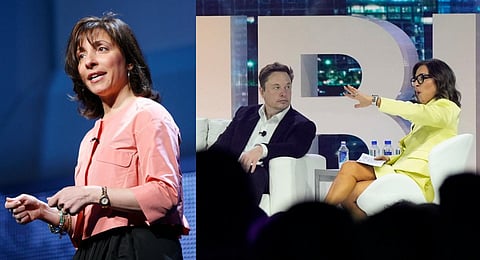 Twitter CEO Elon Musk with Linda Yaccarino, chairman of global advertising and partnerships for NBC, at the POSSIBLE marketing conference, on April 18, 2023. (Photos | AP)