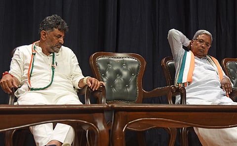 DK Shivakumar and Siddaramaiah during celebrations after the party's win in Karnataka Assembly elections. (Photo | Vinod Kumar T)