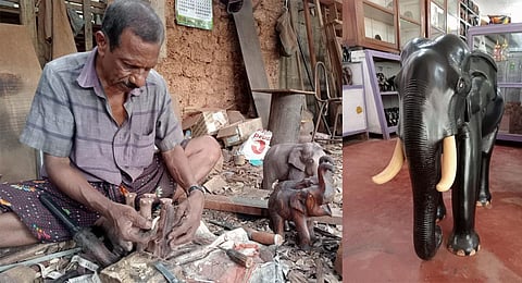 Gopi working on a wooden elephant statue at the society’s workshop.