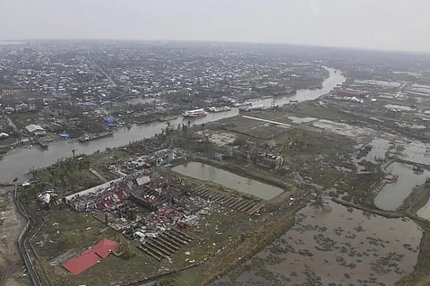 This photo provided by Myanmar Military True News Information Team on May 15, 2023, shows an aerial view of damage buildings after Cyclone Mocha in Sittwe township, Rakhine State. (Photo | AP)
