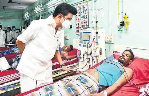 CM M K Stalin checks on a patient at Mundiyampakkam Govt Hospital | Express