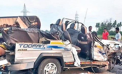 Car left mangled after it rammed into a truck killing seven people in Kadapa district on Monday. (Photo I Express)