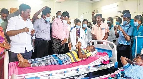 VCK chief Thol Thirumavalavan calling on people receiving treatment at Mundiyambakkam government hospital on Tuesday | Express