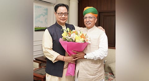 Kiren Rijiju with newly appointed law minister Arjun Ram Meghwal.(Photo tweeted by @KirenRijiju)