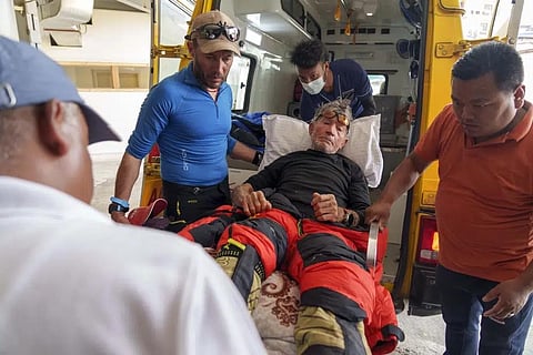 Spanish climber Carlos Soria, arrives at the Hams hospital after being rescued from Dhaulagiri mountain region in Kathmandu, Nepal, Thursday, May 18, 2023. (Photo | AP)