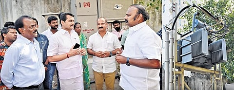Electricity Minister Senthil Balaji inspecting the locations in RK Nagar and KVP Thottam, where electricity cables were damaged | Express