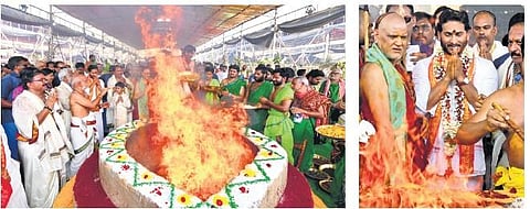 Priests, rithviks and others offering prayers around the holy fire; CM YS Jagan Mohan Reddy performing ‘Purnahuti’ of Sri Mahalakshmi Yagam at IGMC stadium in Vijayawada on Wednesday. (Photo | Express