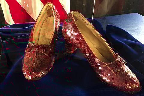 A pair of ruby slippers once worn by actress Judy Garland in the 'The Wizard of Oz' sit on display at the FBI office in Brooklyn Center, Minnesota.