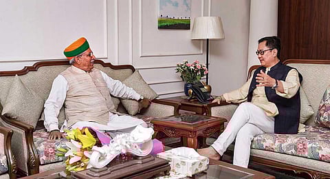 Union Ministers Kiren Rijiju and Arjun Ram Meghwal during a meeting, in New Delhi, Thursday, May 18, 2023. (Photo | PTI)