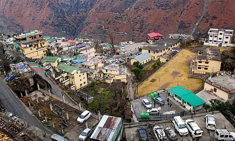 A residential area affected by land subsidence at Joshimath, in Uttarakhand's Chamoli district, on Jan 12, 2023. (File Photo | PTI)