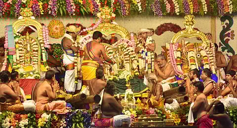 The celestial wedding of Goddess Meenakshi and lord Sundareswarar on the 10th day of the Chithirai festival was held at the Arulmigu Meenakshi Sundaraeswarar temple. (Photo | KK Sundar, EPS)
