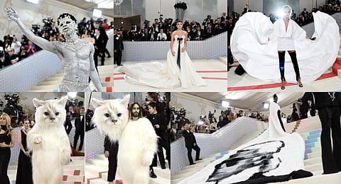 A collage featuring some of the looks from Met Gala 2023 honouring the late king of couture, Karl Lagerfeld. 'Karl Lagerfeld: A Line of Beauty' was the theme for the event. (Photo | AP)