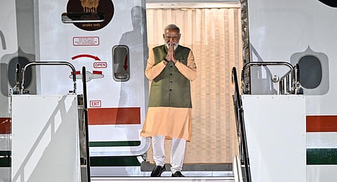 Prime Minister Narendra Modi arriving for the G7 Leaders' Summit at Hiroshima airport in Mihara, Hiroshima prefecture on May 19, 2023. (Photo | AFP)