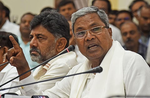 Chief Minister Siddaramaiah and Deputy Chief Minister DK Shivakumar address media persons in Bengaluru. (Photo | Vinod Kumar T, EPS)