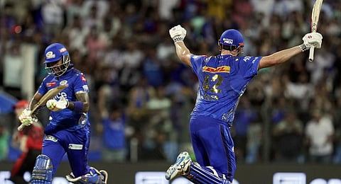 Mumbai Indians batter Cameron Green celebrates his century during the IPL 2023 cricket match between Sunrisers Hyderabad and Mumbai Indians. (Photo | PTI)
