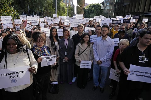 Australian Broadcasting Corp. (ABC) workers and other supporters gather at the ABC offices in Sydney, Monday, May 22, 2023, to support Indigenous journalist Stan Grant. (Photo | AP)
