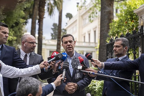 Leader of the main opposition Syriza party, Alexis Tsipras, speaks to the media. (Photo | AP)