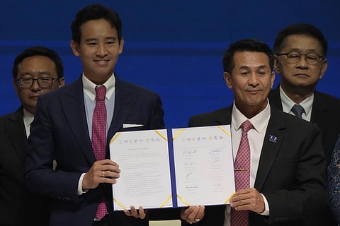 Leaders of coalition parties after signing the MOU to form an alliance. (Photo | AP)