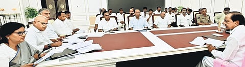Chief Minister K Chandrasekhar Rao speaks during a review meeting at the Secretariat in Hyderabad on Tuesday