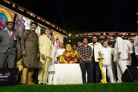 TDP chief N Chandrababu Naidu and others take part in NTR birth centenary celebrations at Kaithalapur, Hyderabad on Saturday I Express