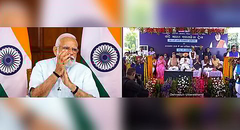 Prime Minister Narendra Modi attends the flag-off ceremony of the inaugural run of the Delhi-Dehradun Vande Bharat Express train, via a video conference.(Photo | PTI)