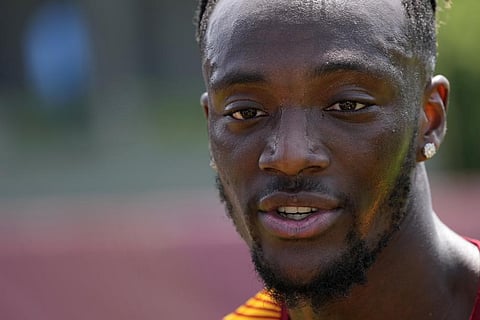 Roma's Tammy Abraham talks with journalists after training during a media day ahead of the Europa League soccer final, at the Trigoria training centre, in Rome, May 25, 2023. (Photo | AP)