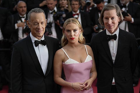Tom Hanks, from left, Scarlett Johansson, and director Wes Anderson at the premiere of the film 'Asteroid City' at the 76th international film festival, Cannes. (Photo | AP)