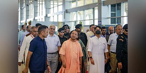 Union Minister Scindia, MoS for Road Transport and Highways and Civil Aviation VK Singh, UP CMAdityanath at the inauguration of the new civil enclave of the airport building, in Kanpur. (Photo | PTI)
