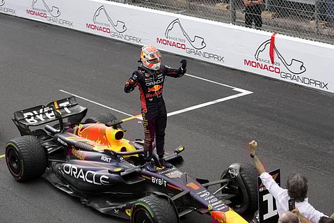 Red Bull driver Max Verstappen of the Netherlands celebrates as he stands on his car after winning the Monaco Formula One Grand Prix, Sunday, May 28, 2023. (Photo | AP)