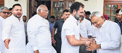Congress leader Rahul Gandhi greets Bihar Chief Minister Nitish Kumar at party president Mallikarjun Kharge’s residence, in New Delhi early this month. (Photo | PTI)