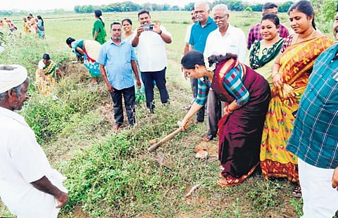 Puducherry Transport Minister S Chandira Priyanga flagging off desilting works near Kottucherry in Karaikal, on Tuesday | Express