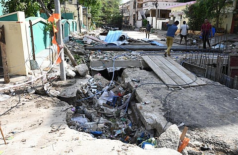 Ongoing works and accumulated silt make it difficult for Padma Colony residents to venture out of their residences. (Photo | Vinay Madapu, EPS)