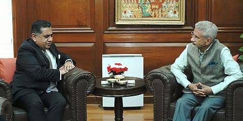 External Affairs Minister S Jaishankar meets UK MOS Lord (Tariq) Ahmad of Wimbledon, in New Delhi on Monday. (Photo | Twitter @DrSJaishankar)