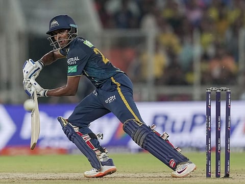 Gujarat Titans batter Sai Sudharsan plays a shot during the IPL 2023 cricket match between Gujarat Titans and Chennai Super Kings, at the Narendra Modi Stadium in Ahmedabad. (PTI)