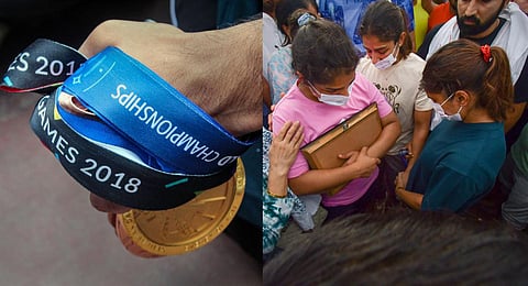 A collage of the wrestlers carrying their medals and grapplers Sakshi Malik, Vinesh Phogat and Sangeeta Phogat at Har ki Pauri ghat, in Haridwar, May 30, 2023. (Photo | PTI)