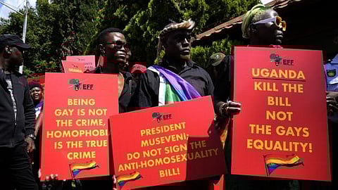Activists hold placards during their picket against Uganda's anti-homosexuality bill at the Ugandan High Commission in Pretoria, South Africa. (File Photo | AP)