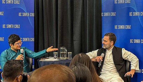 Congress leader Rahul Gandhi speaks during an interaction with activists, academics at the University of California.(Photo | PTI)