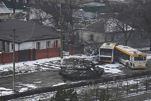 In this representational image, a Russian army tank moves through a street on the outskirts of Mariupol, Ukraine, March 11, 2022. (File Photo | AP)