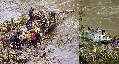 Wreckage of an Indian Army helicopter after it crashed in Jammu and Kashmir's Kishtwar district. At least three people, including its pilot and co-pilot, were injured in the incident. (Photo | PTI)