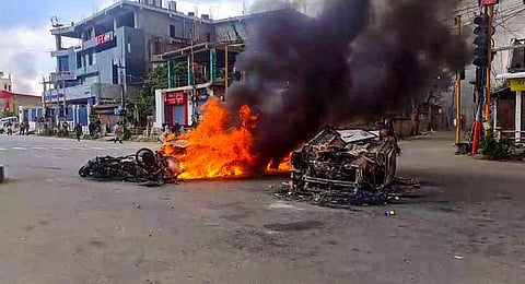 Vehicles in flames after violence broke out during the 'Tribal Solidarity March' called by All Tribal Student Union Manipur (ATSUM), in Imphal. Representational image