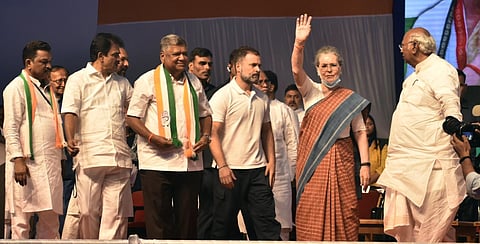 Give a Hand: Sonia Gandhi waving to the crowd during her visit to Hubballi on May 6, 2023 after a gap of four years. (Photo | D Hemanth, EPS)