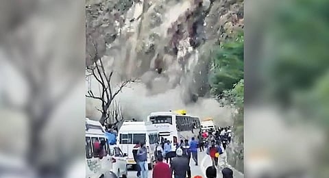 Landslides block the route of Char Dham Yatra along the Joshimath-Malari-Niti highway. (Express Photo)